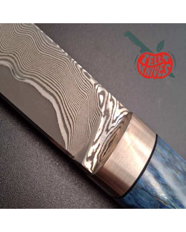 Sergey Shidlovskiy Custom Knives Model Dandy Medium M390 laminate steel Blue Karelian Birch wood handle black leather sh