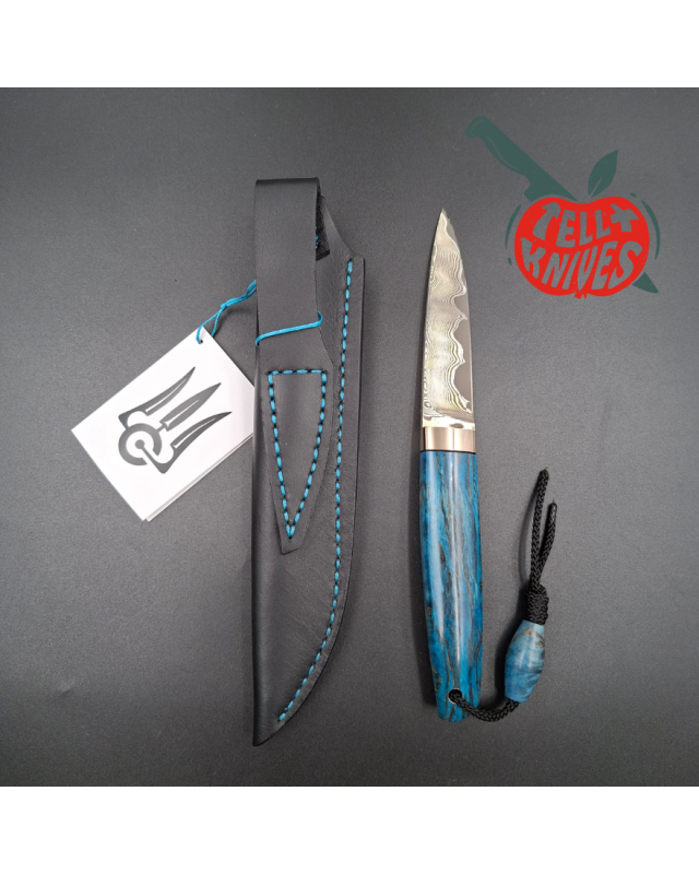 Sergey Shidlovskiy Custom Knives Model Dandy Medium M390 laminate steel Blue Karelian Birch wood handle black leather sh