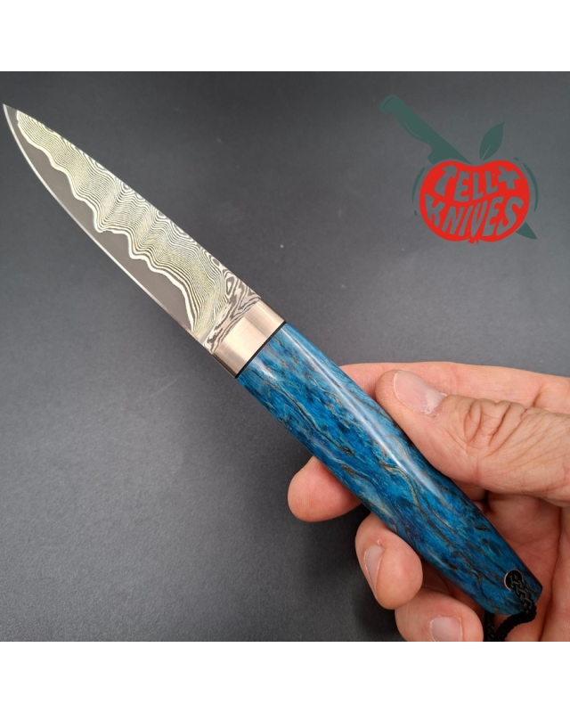 Sergey Shidlovskiy Custom Knives Model Dandy Medium M390 laminate steel Blue Karelian Birch wood handle black leather sh