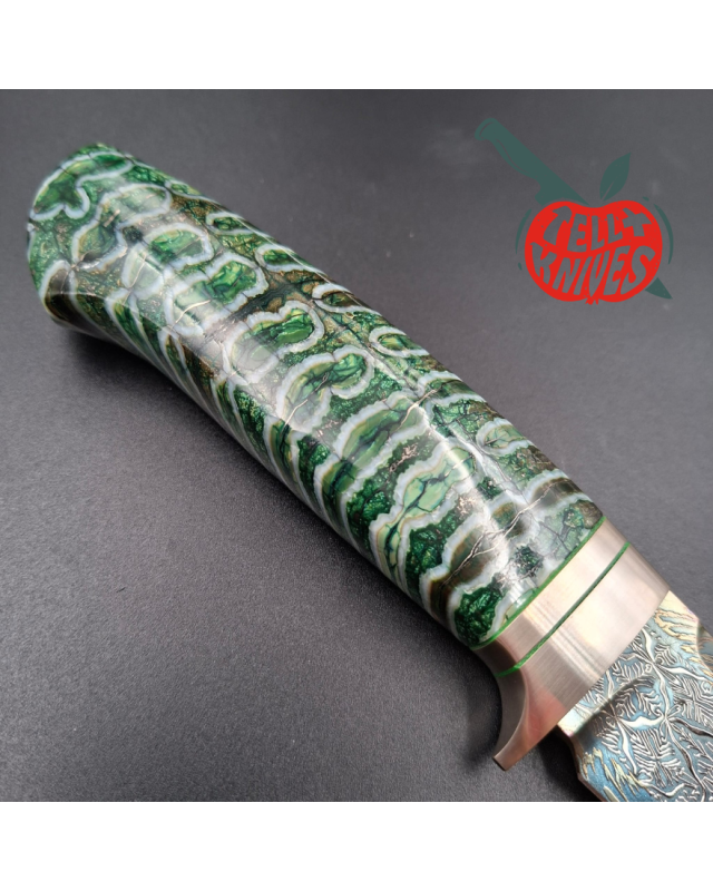 Sergey Shidlovskiy Custom Knives Model HULK Mosaic Damascus blade fossilized green mammoth handle