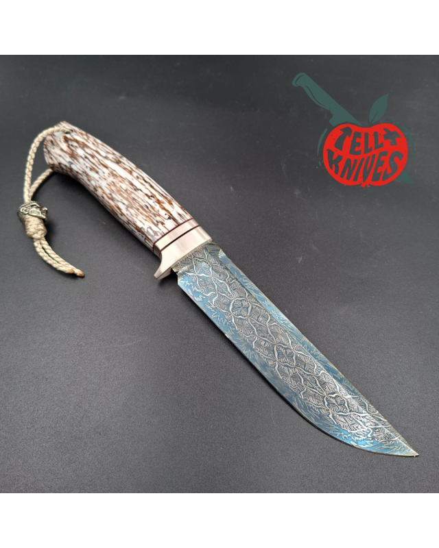 Sergey Shidlovskiy Custom Knives Model YETI Mosaic Damascus blue blade white epoxy stabilized oak wood handle
