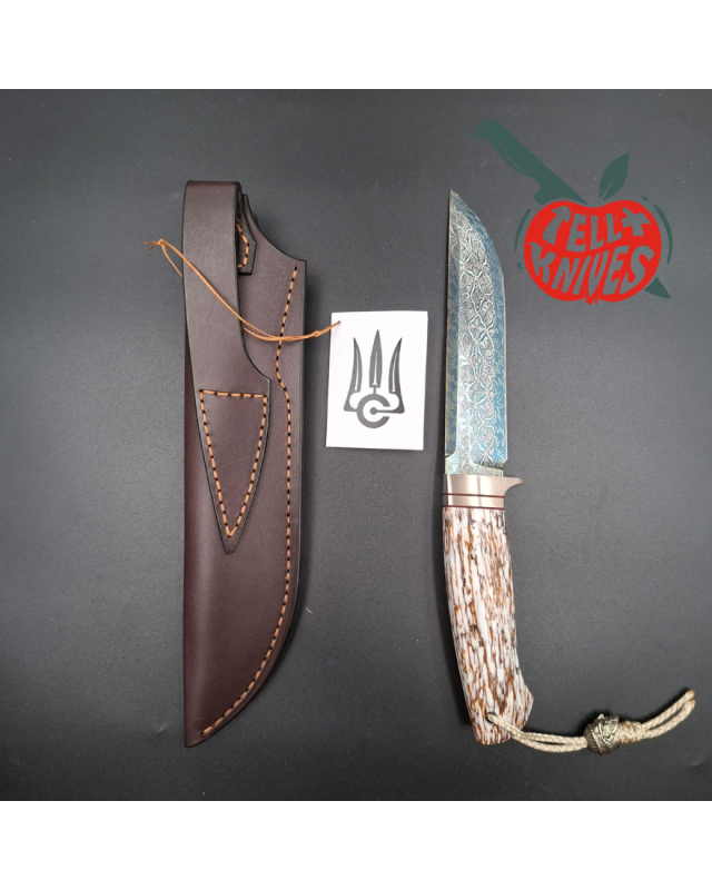 Sergey Shidlovskiy Custom Knives Model YETI Mosaic Damascus blue blade white epoxy stabilized oak wood handle