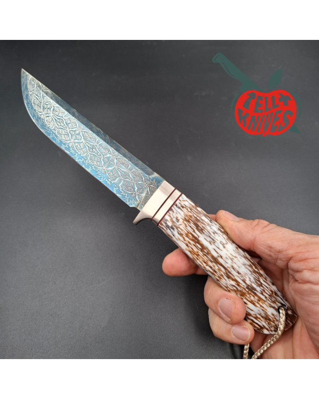 Sergey Shidlovskiy Custom Knives Model YETI Mosaic Damascus blue blade white epoxy stabilized oak wood handle