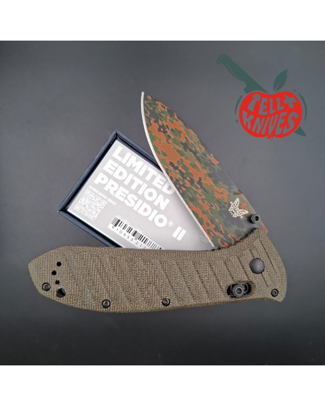 Benchmade 2026 Presidio II Limited Edition S30V steel Camo Cerakote pattern blade brown canvas micarta handle