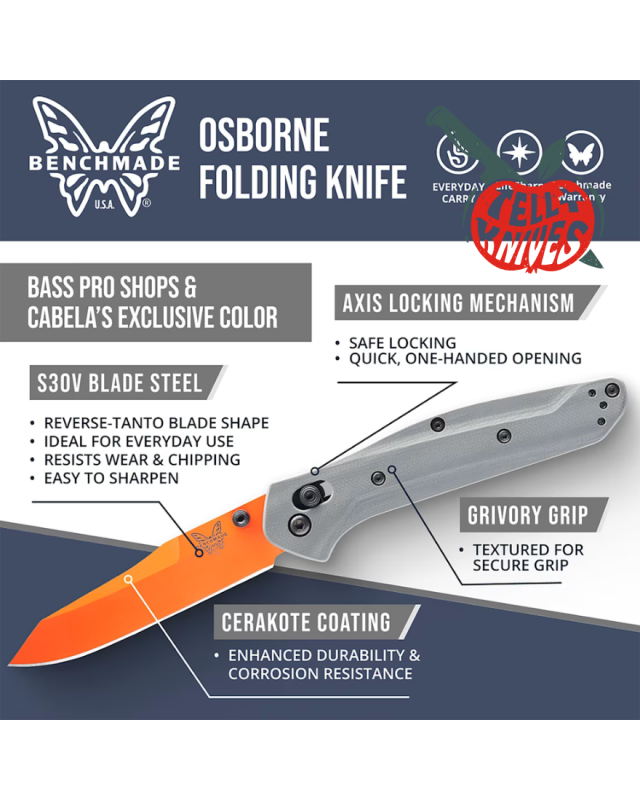 Benchmade 940OR-2405 Osborne S30V Steel orange Cerakote blade finish grey G10 handle Bass Pro Shop Exclusive