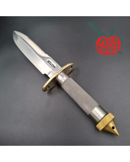 Randall Made Knives Model 18 7.5 Attack Survival forged stainless steel tubular handle brass guard black leather sheath