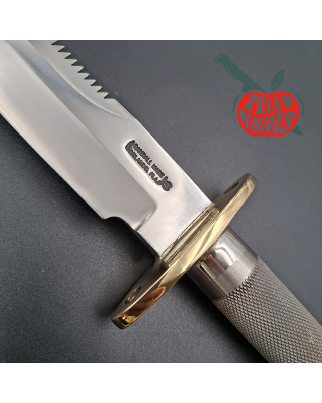 Randall Made Knives Model 18 7.5 Attack Survival forged stainless steel tubular handle brass guard black leather sheath