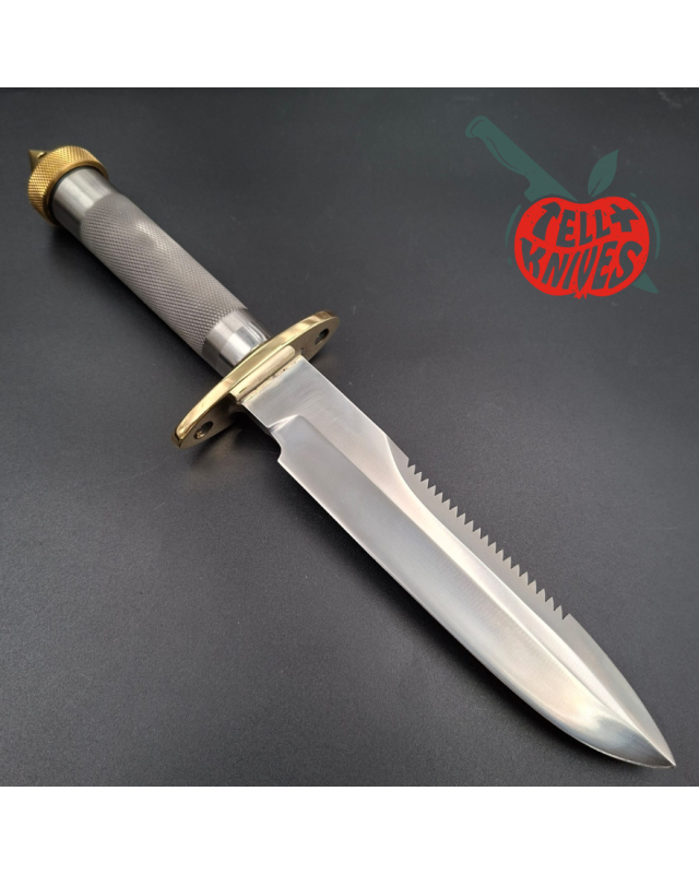 Randall Made Knives Model 18 7.5 Attack Survival forged stainless steel tubular handle brass guard black leather sheath