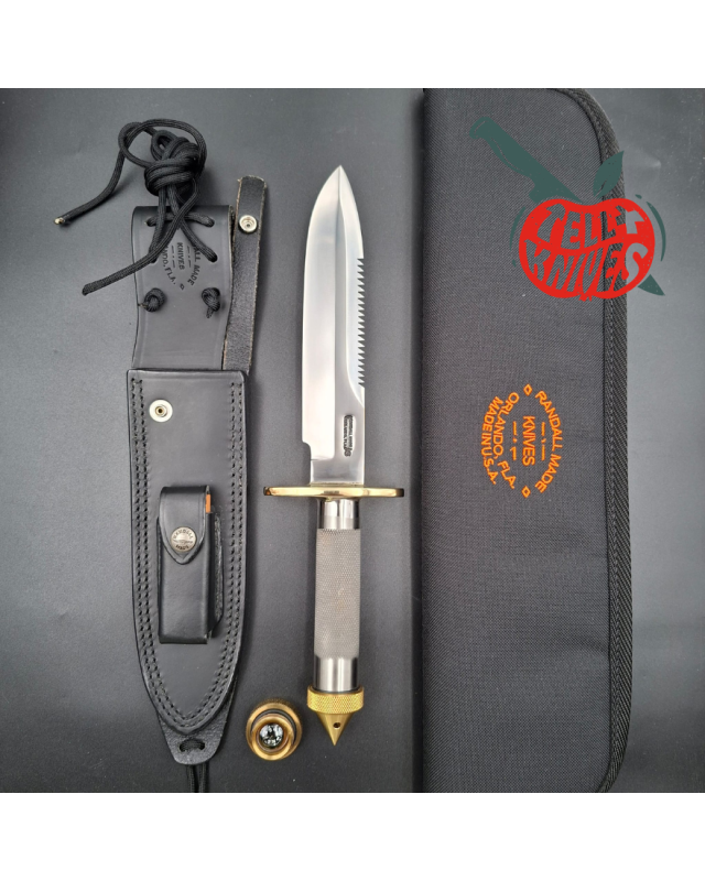 Randall Made Knives Model 18 7.5 Attack Survival forged stainless steel tubular handle brass guard black leather sheath