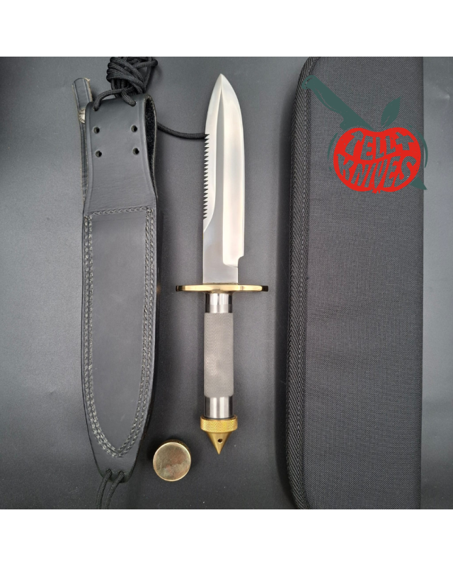 Randall Made Knives Model 18 7.5 Attack Survival forged stainless steel tubular handle brass guard black leather sheath