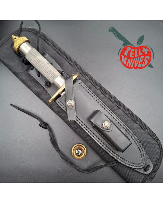 Randall Made Knives Model 18 7.5 Attack Survival forged stainless steel tubular handle brass guard black leather sheath