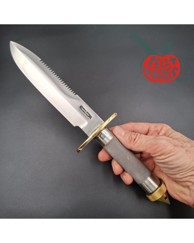 Randall Made Knives Model 18 7.5 Attack Survival forged stainless steel tubular handle brass guard black leather sheath