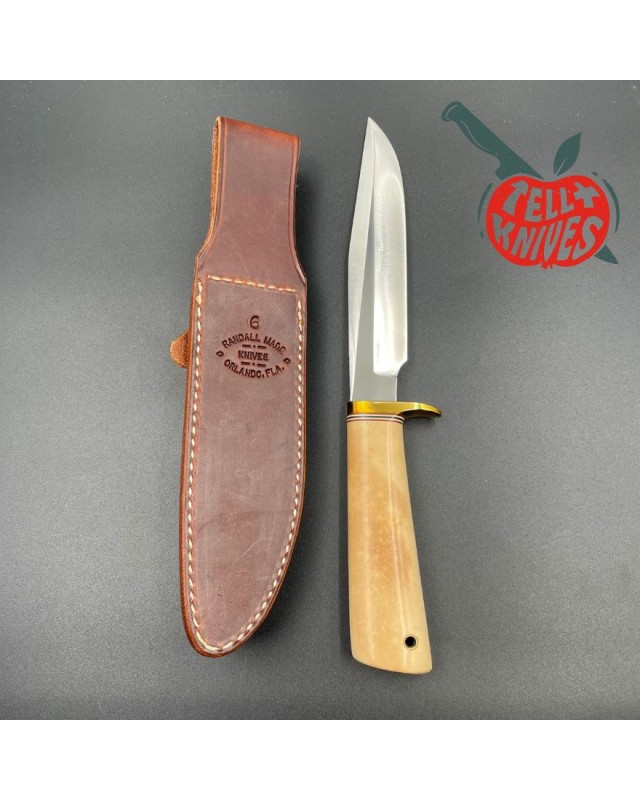 Vintage Randall Model 5 - 6 Camp And Trail forged carbon steel white micarta handle with compass brass guard brown leather