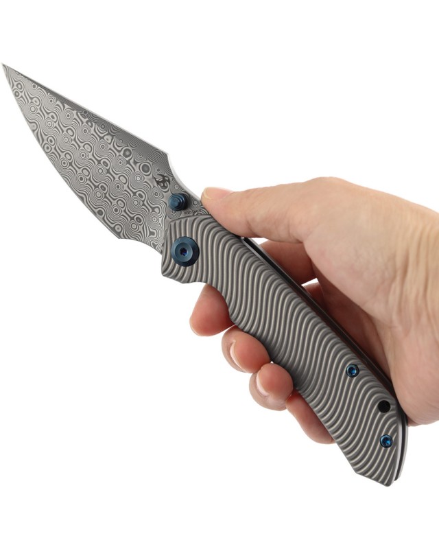 Kansept Fenrir Framelock Damascus Steel Blade Gray Titanium Handle