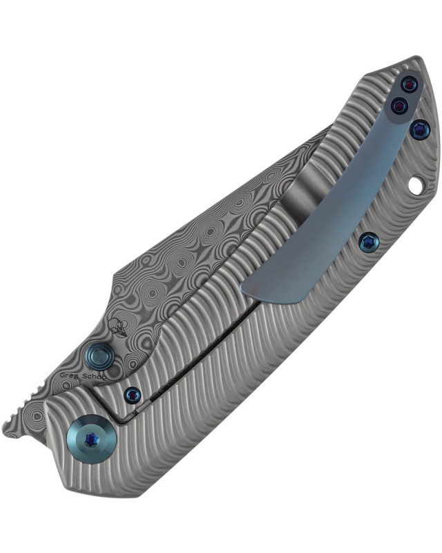 Kansept Fenrir Framelock Damascus Steel Blade Gray Titanium Handle