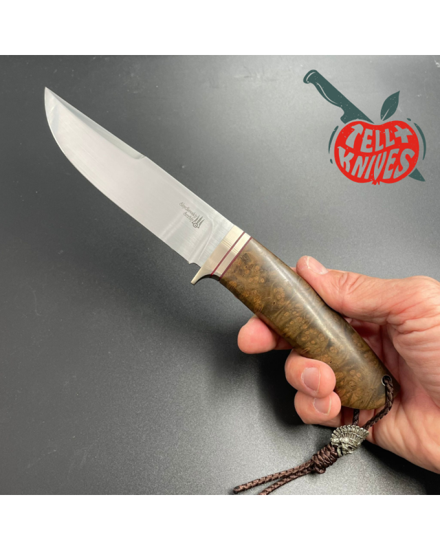 Custom knife Bowie 14 forest fixed blade knife M390 premium steel amboyna wood handle leather sheath
