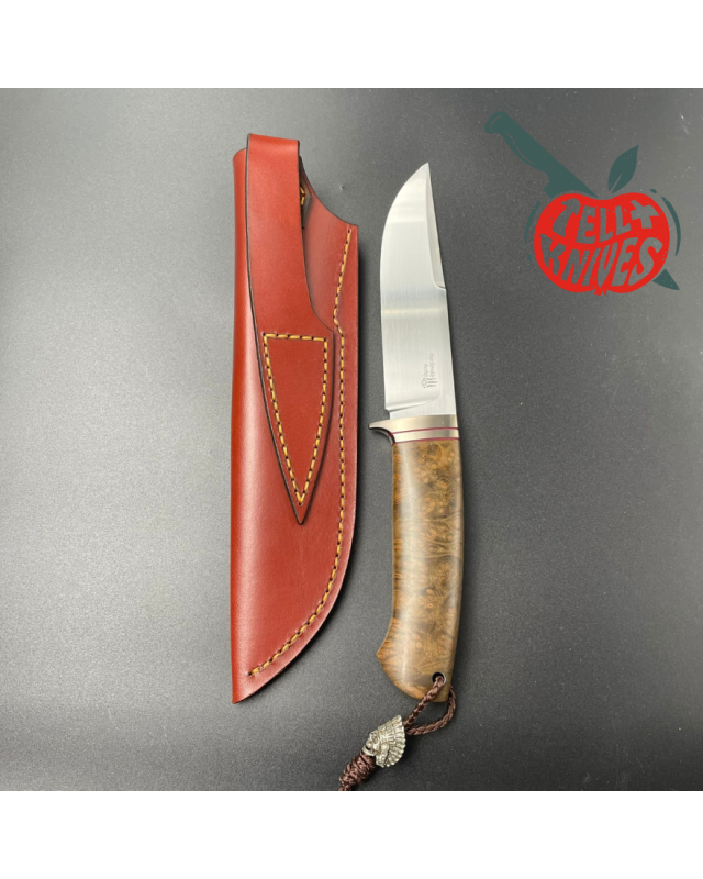 Custom knife Bowie 14 forest fixed blade knife M390 premium steel amboyna wood handle leather sheath