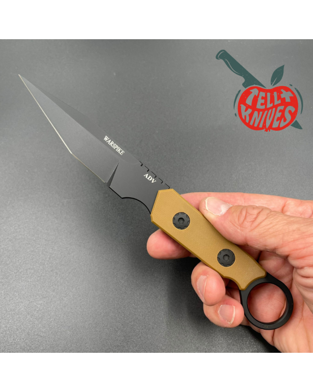 ADV Tactical Warspike fixed blade full tang D2 steel black finish Coyote G10 handle finger ring kydex sheath