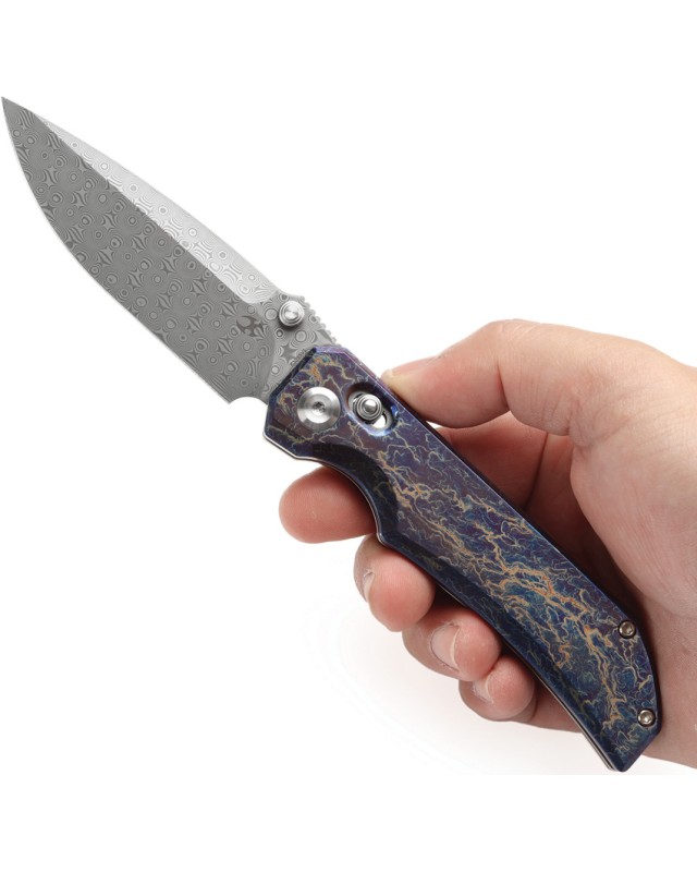 Kansept Eaglestrike Crossbar Folding Knife  Damascus Steel Anodized Titanium Handle
