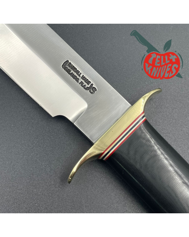 Randall Model 14 - 7.5 Attack forged stainless steel black micarta handle brass guard brass pommel brown leather sheath