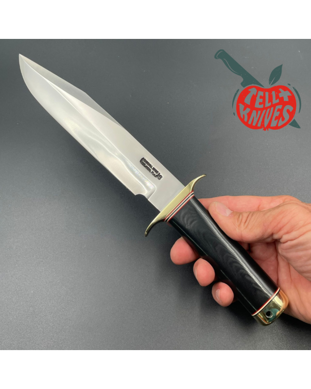 Randall Model 14 - 7.5 Attack forged stainless steel black micarta handle brass guard brass pommel brown leather sheath