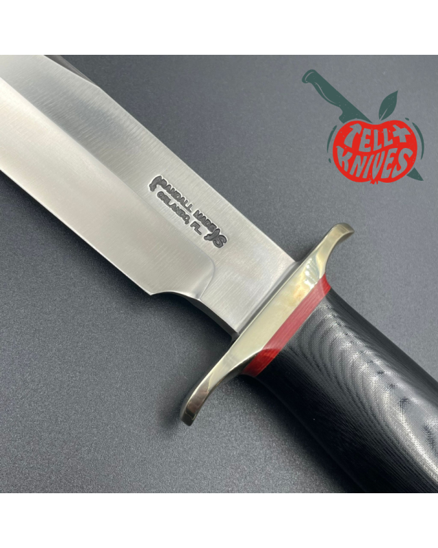 Randall Model 14 - 7.5 Attack forged stainless steel black micarta handle nickel silver gard red liners brown leather sh