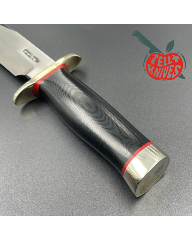 Randall Model 14 - 7.5 Attack forged stainless steel black micarta handle nickel silver gard red liners brown leather sh