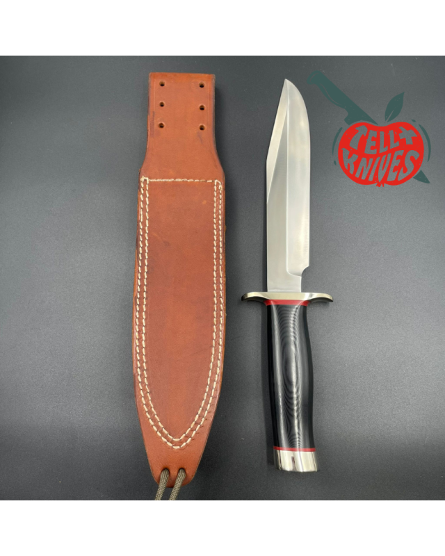 Randall Model 14 - 7.5 Attack forged stainless steel black micarta handle nickel silver gard red liners brown leather sh
