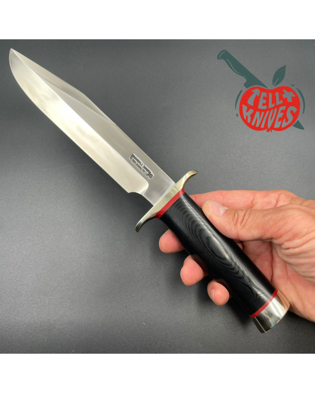 Randall Model 14 - 7.5 Attack forged stainless steel black micarta handle nickel silver gard red liners brown leather sh