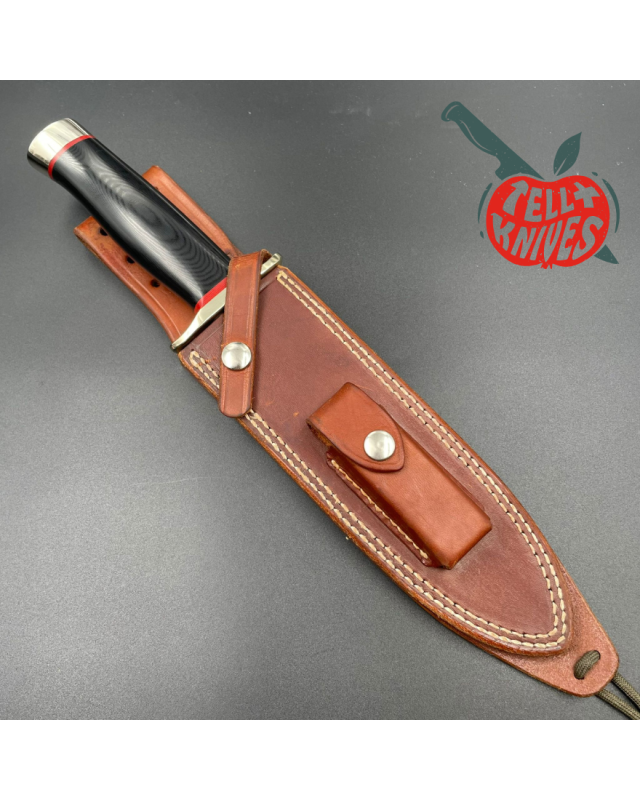 Randall Model 14 - 7.5 Attack forged stainless steel black micarta handle nickel silver gard red liners brown leather sh