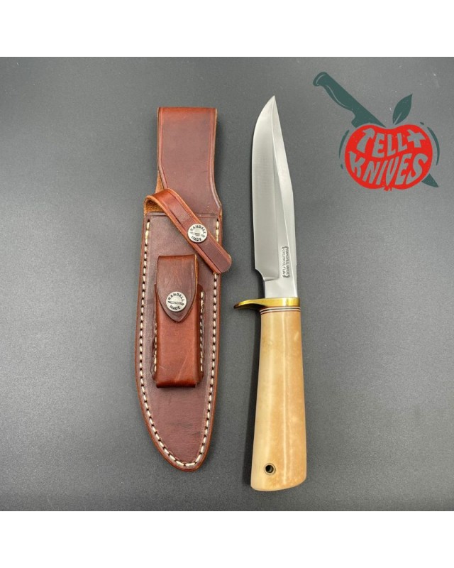 Vintage Randall Model 5 - 6 Camp And Trail forged carbon steel white micarta handle with compass brass guard brown leath