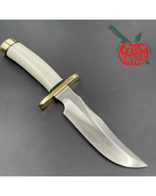 Randall Made Knives Model 4-6F Fighter forged carbon steel white micarta handle brass guard brown leather sheath