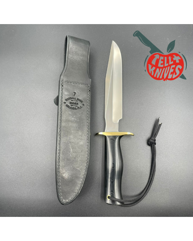 Randall Made Knives Model 16-7 SP1 Fighter forged stainless steel black micarta handle brass guard black leather sheath
