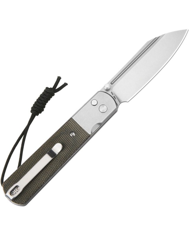 Artisan Cutlery Holm Button Lock S90V steel stonewash finish OD green micarta handle