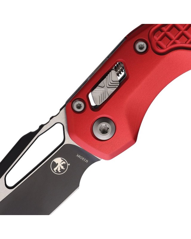Microtech MSI M390MK steel two-tone finish blade Ram-Lok Frag pattern red aluminium handle