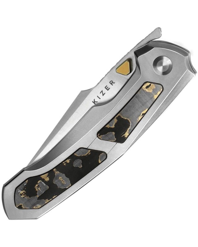 KIZER Cutlery Feweed Z-Wear PM stainless steel gray Titanium handle Framelock Gold Camo Carbon Fiber Inlay