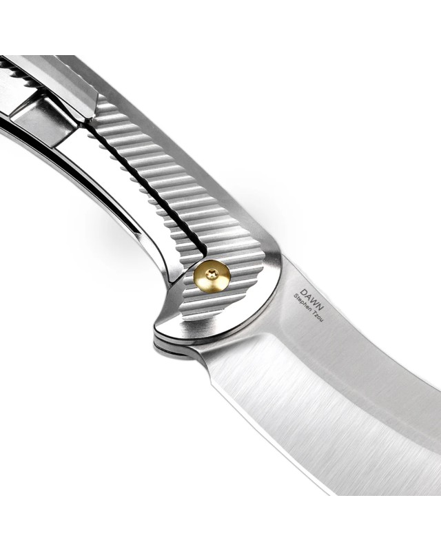 KIZER Cutlery Dawn S35VN steel stonewash finish cleaver blade shape Framelock Silver Titanium handle