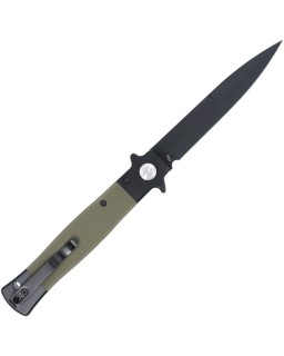 Cobratec Knives Stiletto VG-10 steel black finish Button Lock Black OD Green G10 handle Switzerland Legal