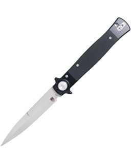 Cobratec Knives Stiletto VG-10 steel satin finish Button Lock Black G10 handle Switzerland Legal