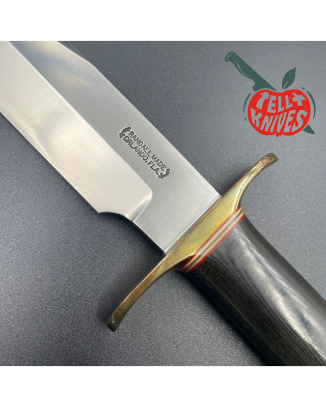 Randall Model 14 - 7.5 Attack forged carbon steel black micarta handle brass guard Duralumin pommel brown leather sheath