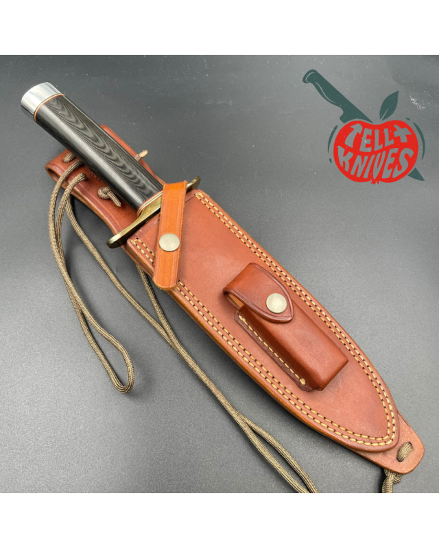 Randall Model 14 - 7.5 Attack forged carbon steel black micarta handle brass guard Duralumin pommel brown leather sheath