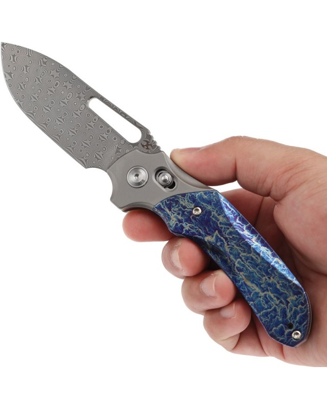 Kansept Quasar Pocket Knife Damascus Steel Lightning strike anodized Titanium handle crossbar lock