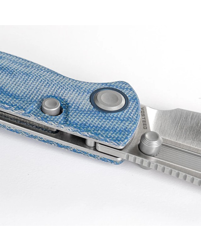 Vosteed Naga S35VN steel stonewash finish button lock blue micarta handle bowie blade