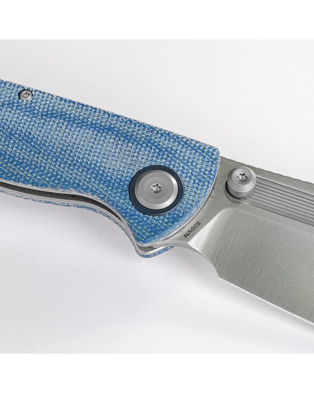 Vosteed Naga S35VN steel stonewash finish button lock blue micarta handle bowie blade