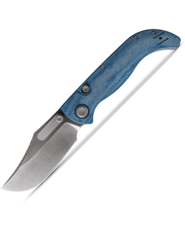 Vosteed Naga S35VN steel stonewash finish button lock blue micarta handle bowie blade
