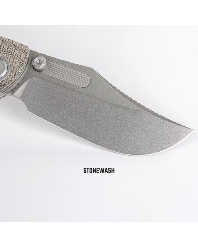 Vosteed Naga S35VN steel stonewash finish button lock green micarta handle bowie blade