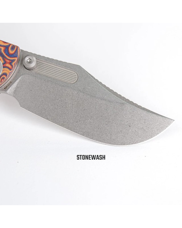 Vosteed Naga S35VN steel stonewash finish button lock Raindrop micarta handle bowie blade