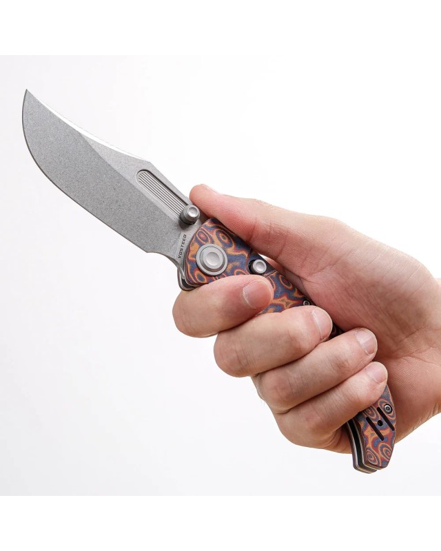 Vosteed Naga S35VN steel stonewash finish button lock Raindrop micarta handle bowie blade