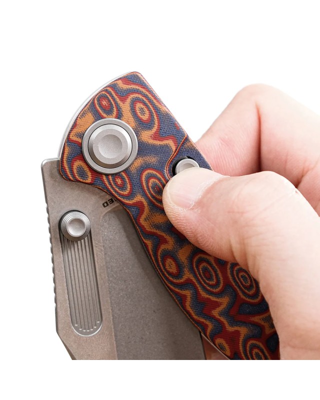 Vosteed Naga S35VN steel stonewash finish button lock Raindrop micarta handle bowie blade