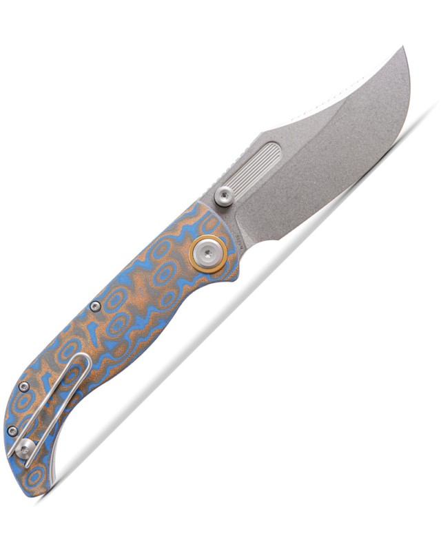 Vosteed Naga S35VN steel stonewash finish button lock Ocean micarta handle bowie blade